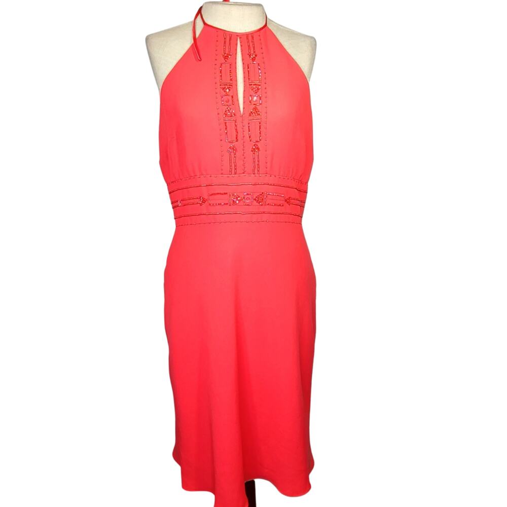 Coral Halter Mini Beaded Cocktail Dress Size 8